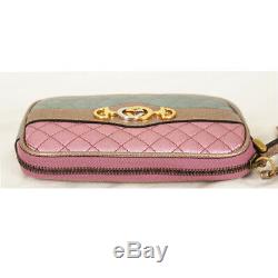 NEW $950 GUCCI Pink Green Dionysus Laminated QUILTED iPhone CLUTCH WRISTLET BAG
