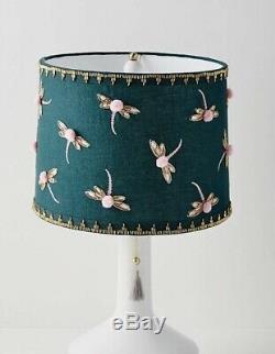 NEW Anthropologie Lamp Shade teal green pink Dragonfly Beaded Pom Pom 12 Large