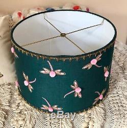 NEW Anthropologie Lamp Shade teal green pink Dragonfly Beaded Pom Pom 12 Large