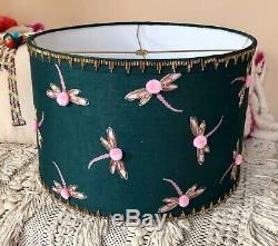 NEW Anthropologie teal green pink Dragonfly Beaded Pom Pom Lamp Shade 16 Large