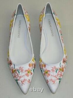 NEW Caroline Constas Flat Shoe Satin Embroidered White Pink Green Pointed Toe 40
