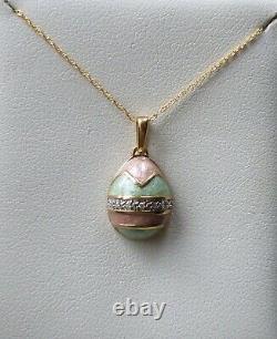 NEW Enameled Pink & Green Egg Diamond Pendant Necklace 10K Gold 18