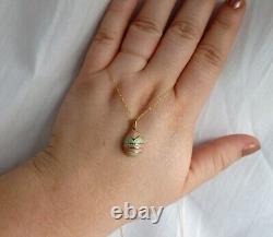 NEW Enameled Pink & Green Egg Diamond Pendant Necklace 10K Gold 18