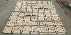 NEW-Pink Flowers Green Fern Cream/Tan Queen Size Quilt 84 x 94 Handmade Finished