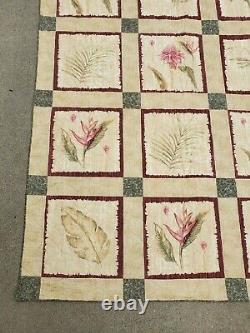 NEW-Pink Flowers Green Fern Cream/Tan Queen Size Quilt 84 x 94 Handmade Finished