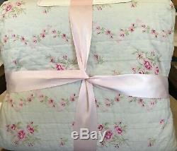NEW Simply Shabby Chic King Quilt Mint Green with Pink Roses Floral Scalloped