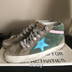 NWB Golden Goose Green Khaki Suede Mid Star with Pink Laminated Wave (Size 38)