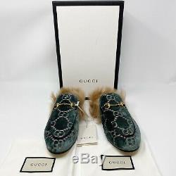 NWT Gucci Princetown GG Green Pink Velvet Slippers Mules Lamb Wool Lined Size 8