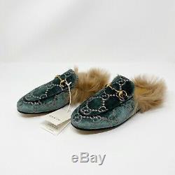 NWT Gucci Princetown GG Green Pink Velvet Slippers Mules Lamb Wool Lined Size 8