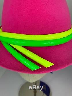 NWT Philip Treacy Hot Pink Wool Felt Hat With Fluorescent Yellow Green Trim Fedora