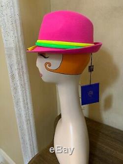 NWT Philip Treacy Hot Pink Wool Felt Hat With Fluorescent Yellow Green Trim Fedora