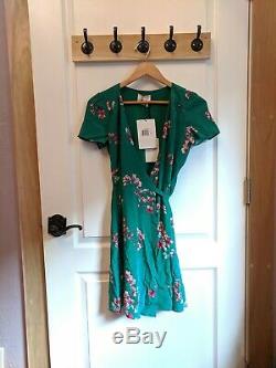 NWT SEZANE Anastasia Green Pink Floral Ruched Sleeve Wrap Dress FR 34 US 2