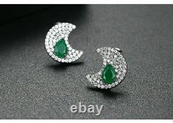 Natural 3 Ct Pear Green Emerald Moon Stud Earrings 14k White Gold Silver Plated