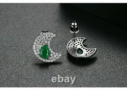 Natural 3 Ct Pear Green Emerald Moon Stud Earrings 14k White Gold Silver Plated