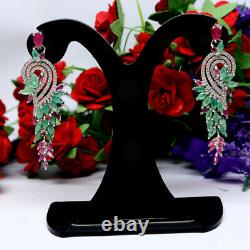 Natural Green Emerald Pink Ruby & Cz Long Earrings 925 Sterling Silver