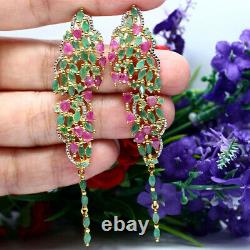 Natural Green Emerald & Pink Ruby Long Earrings 925 Sterling Silver