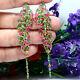 Natural Green Emerald & Pink Ruby Long Earrings 925 Sterling Silver