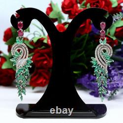 Natural Green Emerald, Pink Ruby & White Cz Sterling 925 Silver Long Earrings