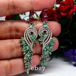 Natural Green Emerald, Pink Ruby & White Cz Sterling 925 Silver Long Earrings