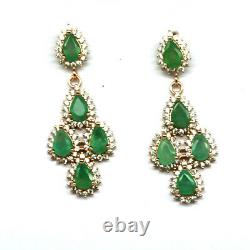 Natural Green Emerald & White Cz Earrings 925 Silver Sterling Rose Gold Plated