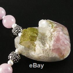 Natural Green Pink Tourmaline Pendant Kunzite Beads Necklace