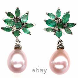 Natural Green Unheated Emerald & Pink Pearl Drop Earrings 925 Sterling Silver