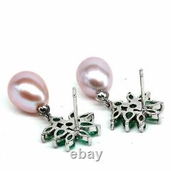 Natural Green Unheated Emerald & Pink Pearl Drop Earrings 925 Sterling Silver
