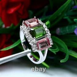 Natural Green With Pink Tourmaline & White Cz Ring 925 Sterling Silver