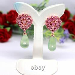 Natural Heated Pink Sapphire & Green Unheated Prehnite Drop Earrings 925 Silver