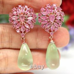 Natural Heated Pink Sapphire & Green Unheated Prehnite Drop Earrings 925 Silver
