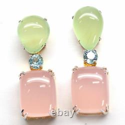 Natural Pink Chalcedony, Green Prehnite & Sky Blue Topaz Earrings 925 Silver