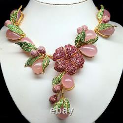 Natural Pink Chalcedony Thai Ruby & Green Tsavorite Necklace 925 Sterling Silver