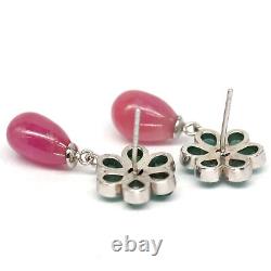 Natural Pink Red Ruby, Green Emerald & Cz Drop Earrings 925 Sterling Silver