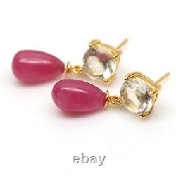 Natural Pink Ruby & Green Amethyst 925 Sterling Silver Earrings
