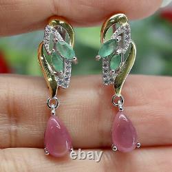 Natural Pink Ruby, Green Emerald & Cz Drop Earrings 925 Sterling Silver