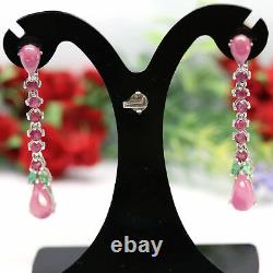Natural Pink Ruby & Green Emerald Earrings 925 Silver