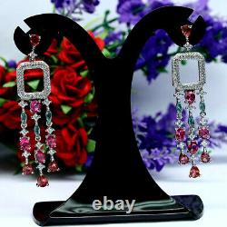 Natural Pink With Green Tourmaline & White Cz Long Earrings 925 Sterling Silver