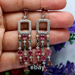 Natural Pink With Green Tourmaline & White Cz Long Earrings 925 Sterling Silver