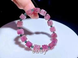 Natural Pink green Tourmaline Gemstone Crystal Carving Bead Bracelet