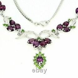 Necklace Pink Rhodolite Green Chrome Diopside Genuine Gems Sterling Silver 18 In