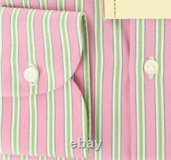 New $425 Luigi Borrelli Pink and Green Striped Cotton Shirt 15.75/40