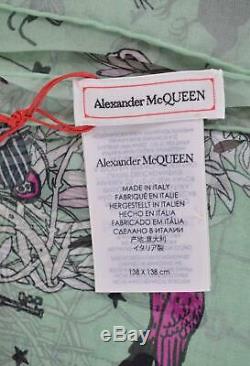 New Alexander McQueen Pink Green 541341 FANTASY NEST Silk Skull Bird Print Scarf