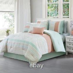 New Beautiful Green Pink Geometric Embroidered 7pcs Cal King Queen Comforter Set