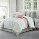 New Beautiful Green Pink Geometric Embroidered 7pcs Cal King Queen Comforter Set