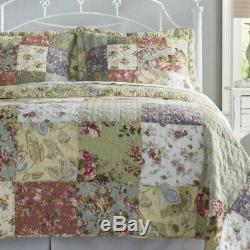 New! Beautiful XXXL Garden Ivory Pink Green Floral Rose Bedspread Quilt Set