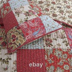 New! Cottage Patchwork Brown Red Blue Pink Green Leaf Rose Country Quilt Set