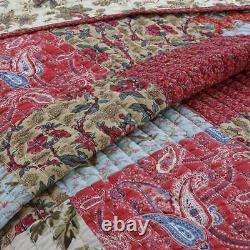 New! Cottage Patchwork Brown Red Blue Pink Green Leaf Rose Country Quilt Set