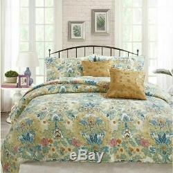 New! Cozy Chic Cottage Blue Teal Aqua Green Pink Yellow Floral Soft Quilt Set