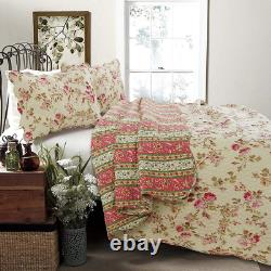 New Cozy Chic Cottage Pink Red Sage Green Leaf Yellow Rose Country Quilt Set