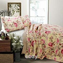 New! Cozy Chic Cottage Shabby Pink Red Ivory Yellow Green Floral Rose Quilt Set